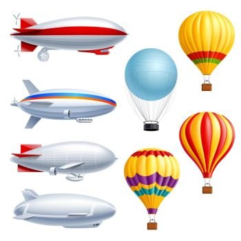 Airship Realistic Icon Set. Airship realistic icon set with different types of planes dirigible and air balloons vector illustration