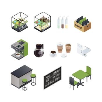 Coffee House Elements Set. Coffee house isometric elements set with cups black board seats coffee machine and sweet donuts cakes vector illustration