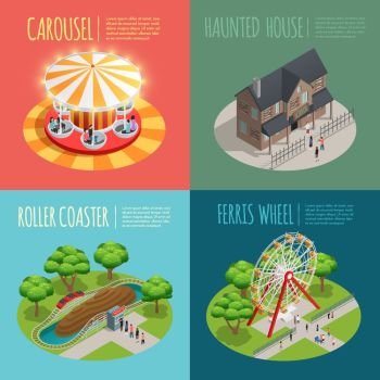 Amusement Park Concept Icons Set. Amusement park concept icons set with haunted house and carousel symbols isometric isolated vector illustration 