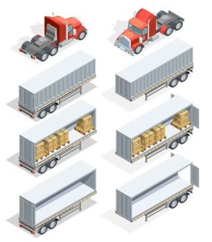 Truck Isometric Icon Set. Colored and realistic truck isometric icon set with truck carrying loads and several types of trailers vector illustration