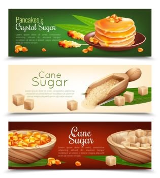 Cane Sugar Banners Set. Cane sugar horizontal banners set with pancakes cartoon isolated vector illustration 