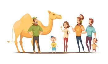 Desert Ship Riding Composition. Wild animals composition with dromedary camel riding instructor and group of curious kids and adult  characters vector illustration