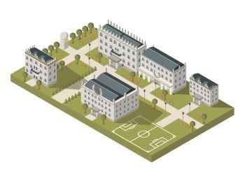 Isometric University Campus Concept. Isometric university campus concept with university sports ground and park vector illustration