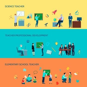 School Teacher Flat Banners Set . Elementary and secondary school teachers professional development 3 flat horizontal colorful background banners set isolated vector illustration 