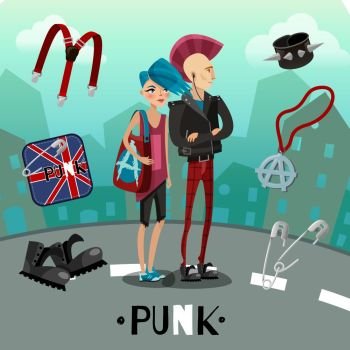 Punk Subculture Composition. Punk subculture composition including people with flashy appearance and accessories on city background cartoon style vector illustration  