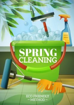 Spring Cleaning Poster. Spring cleaning poster with green branch behind window brush at glass bucket mop and gloves vector illustration  