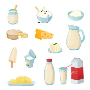 Dairy Products Set. Dairy products set with milk in various packaging cheese yogurt butter curd sour cream isolated vector illustration 