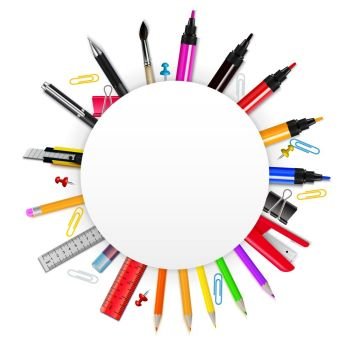 Stationery Realistic Frame . Colorful realistic frame in form of circle with various stationery items on white background vector illustration
