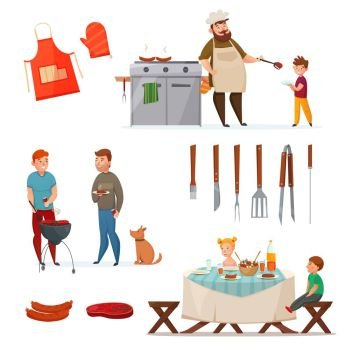 Barbecue Party Icon Set. Colored and isolated barbecue party icon set with grilled meals and The chief is cooking vector illustration