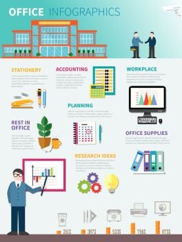 Office Infographics Flat Template. Office Infographics flat template with advertising of goods for work and rest in office vector illustration   