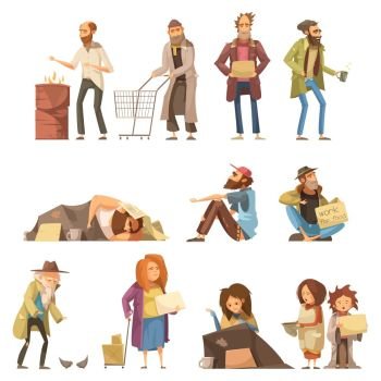 Homeless People Set. Set of homeless people including adults and kids begging money and needing help isolated vector illustration