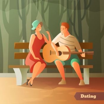 Forest Serenade Dating Background. Romantic dinner dating couples flat composition with sweetheart characters sitting outdoors on wooden bench with guitar vector illustration