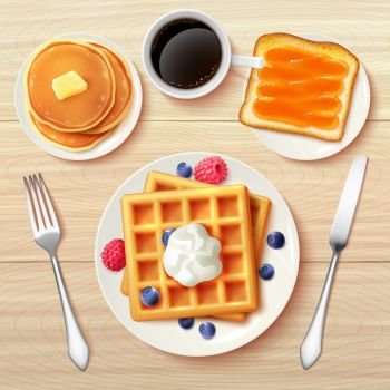 Classic Breakfast Top View Realistic Image . Sweet classic breakfast with waffles berries jam toast pancakes and black coffee top view realistic vector illustration 