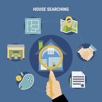 House Searching Concept. House searching concept with purchase symbols on blue background flat vector illustration