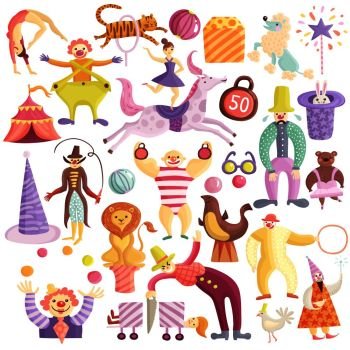 Circus Decorative Icons Set. Circus decorative colorful icons set with red tent, clowns, acrobats, juggler, magicians, trained animals isolated vector illustration