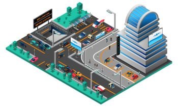 Futuristic Cityscape Isometric Composition. Futuristic cityscape isometric composition with building cars of new generation road and metro station vector illustration