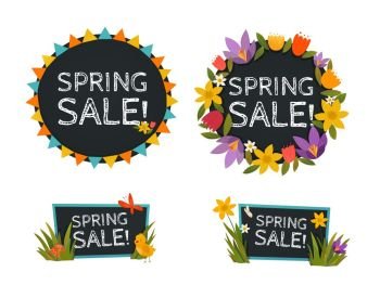 Spring Sale Chalkboard Banners . Spring sale chalkboard banners with decorative  frames contain colorful sun rays and flowers flat vector illustration