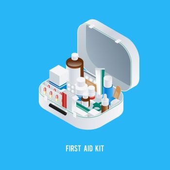 First Aid Kit Background. Pharmacy aid kit composition with isometric image of medicine box filled with different drugs and medication vector illustration