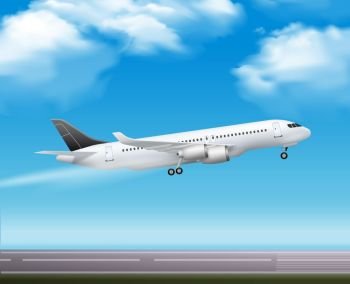 Passenger Airliner Takeoff  Realistic Poster. Large modern passenger airliner jet takeoff realistic air transportation services advertisement poster blue sky background vector illustration  