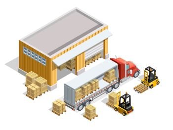 Warehouse Isometric Template. Warehouse isometric template with storage and forklifts loading cargo into truck vector illustration