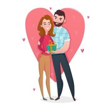 Valentines Day Gift Composition. Valentines day couple composition with pair of sweethearts flat characters in front of big drawn heart vector illustration