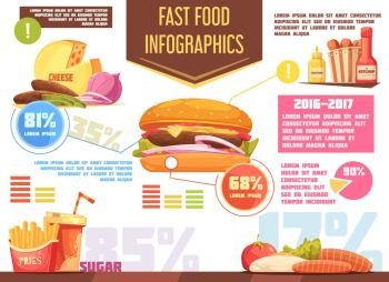 Fast Food Retro Cartoon Infographics . Fast food retro cartoon infographics with charts and information about burger potato fries drink sauces vector illustration  