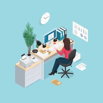 Office Workplace Isometric Composition. Colored 3d office workplace isometric composition with woman sitting at a computer vector illustration