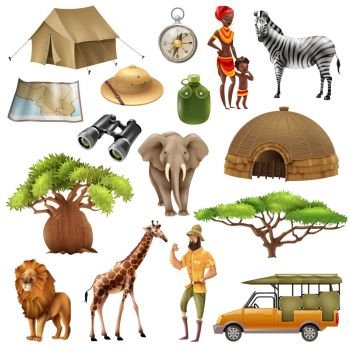 Safari Set Icon Set. Colored and isolated safari set icon set with elements and attributes on theme vector illustration