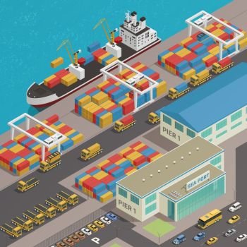 Freight Barge Harbor Wharf Isometric. Freight barge moored at harbor wharf quayside pier loading with colorful cargo containers isometric composition vector illustration 