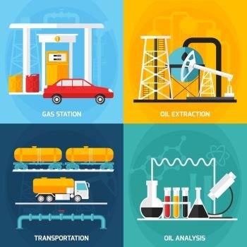 Oil Gas Industry Compositions. Four gas oil industry square compositions set with decorative icons representing petrol extraction analysis and transportation vector illustration