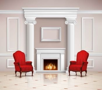 Classic Interior With Fireplace And Armchairs. Realistic classic interior design with fireplace, moldings, columns and red armchairs on beige floor 3d vector illustration 