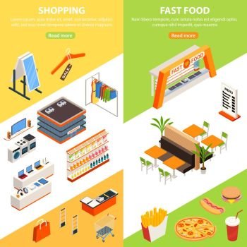 Plaza Shopping Vertical Banners. Shopping mall vertical banners with isometric hypermarket wear store and fast food court service cabinet images vector illustration