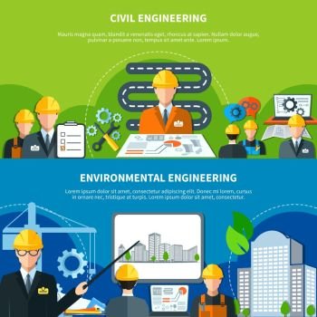 Civil Engineering Banners Set. Engineering horizontal banners with flat urban construction eco-friendly image compositions of faceless characters and text vector illustration