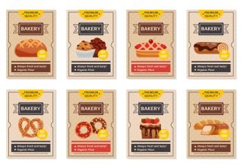 Set Of Bakery Posters. Set of flat retro bakery posters with presentation of different cooking products isolated vector illustration 