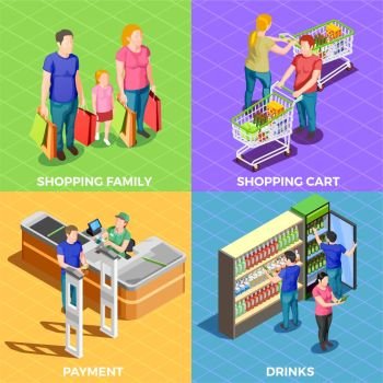 People Shopping Isometric. Male and female people doing shopping in supermarket 2x2 design concept isolated on colorful backgrounds 3d isometric vector illustration