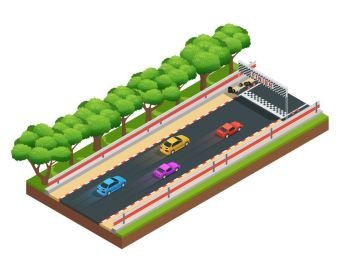 Gaming Speedway Isometric Composition. Car race track isometric composition with game racing course with colorful images of cars and trees vector illustration
