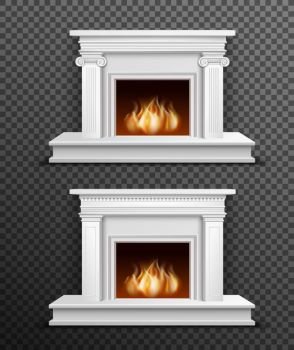 Indoor Fireplace Set On Transparent Background . Set of 2 modern white indoor burning fireplaces one under another on black transparent background vector illustration 