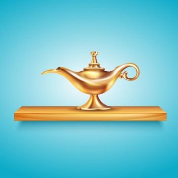 Aladdin Lamp On Pedestal Composition. Aladdin lamp shelf composition with cumbersome image of golden vessel on wooden shelf on blue background vector illustration