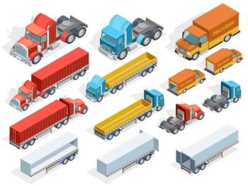 Vehicle Isometric Collection . Vehicle isometric collection of colorful trucks with and without trailers isolated vector illustration
