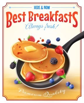 Best Breakfasts Vintage Advertisement Poster . Premium quality restaurant breakfasts vintage style advertisement poster with frying pan pancakes berries and butter vector illustration 