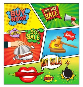 Hot Sales Comic Book Page. Hot sales comic book page with speech bubbles cloche gavel bomb on divided colorful background vector illustration