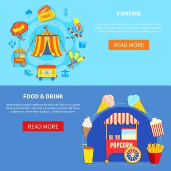 Amusement park 2 flat interactive banners. Funfair horizontal banners website design abstract isolated vector illustration