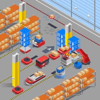 Robotic Warehouse Isometric Background. Automatic robotic warehouse section isometric interior composition with scoop lifters drones and  shelves with similar boxes vector illustration