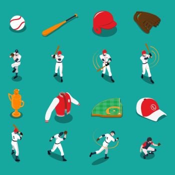 Baseball Isometric Icons Set. Baseball set of isometric icons with players sports gear and trophy on turquoise background isolated vector illustration
