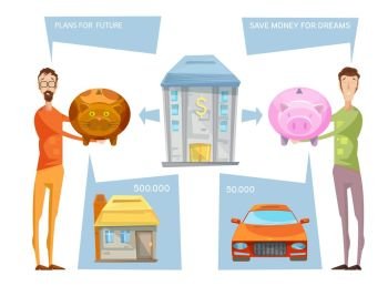 Achieving Financial Goals Concept. Financial goals conceptual composition with two male characters holding still banks with thought bubbles and desires vector illustration