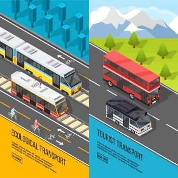 Eco Transport Banners Set. Set of two vertical transport banners with rail transport and suburban tourist buses with read more button vector illustration