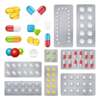 Medicine Pills Capsules Realistic Images Set. Pharmaceutical products medicine pills and capsules in push through aluminium laminated foil packages realistic set vector illustration 