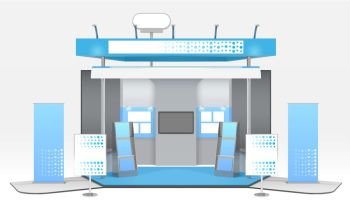 Realistic Advertising Exhibit Booth Composition. Exhibition advertising stand design with realistic tridimensional stall tv set and exhibit rack with promotional materials vector illustration