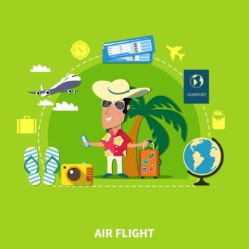 Tropical Cruise Travel Composition. Vacation travel flat composition of happy tourist cartoon character his personal things globe and airplane images vector illustration