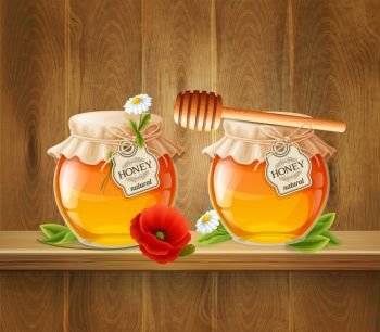 Two Jar Of Honey Composition. Colored and bright two jar of honey composition with glass jars on wooden shelf vector illustration